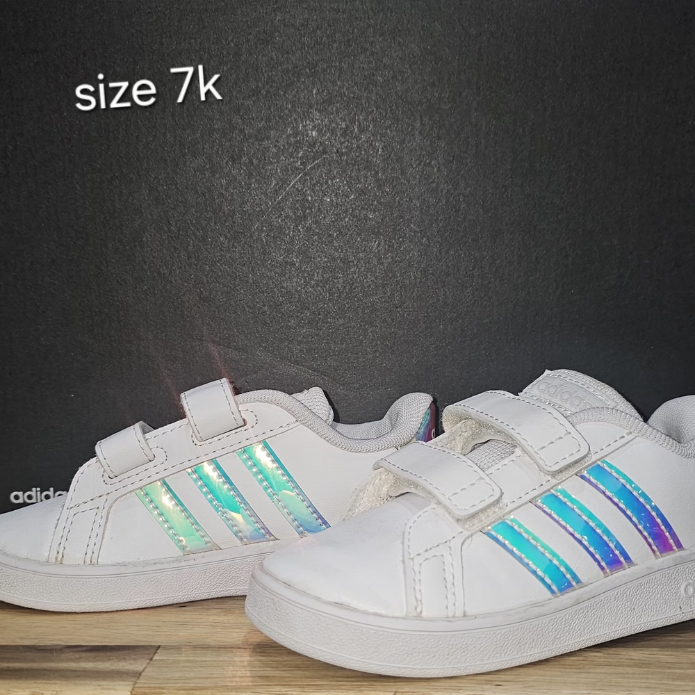 Adidas Kids' White Sneakers with Iridescent Stripes - Size 7K